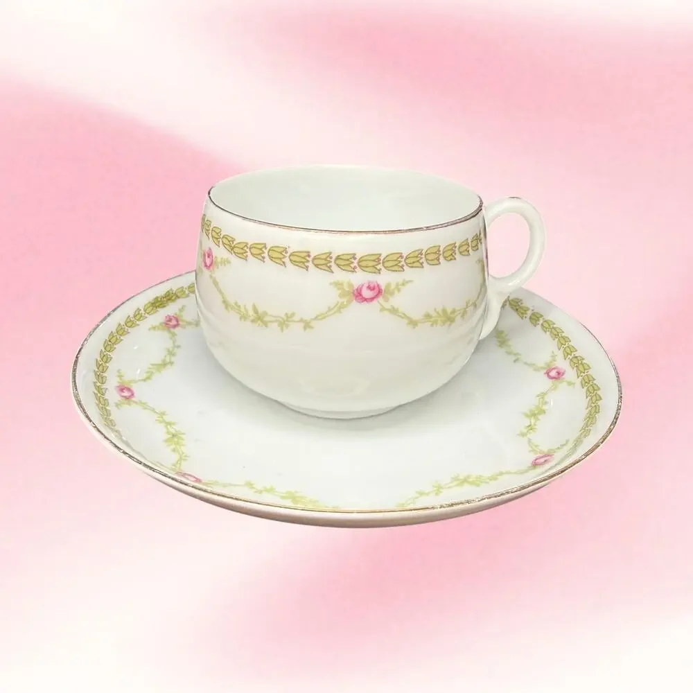 Antique Z.S. & C. Bavaria Teacup Saucer Pink Roses Gold Trim Cottagecore